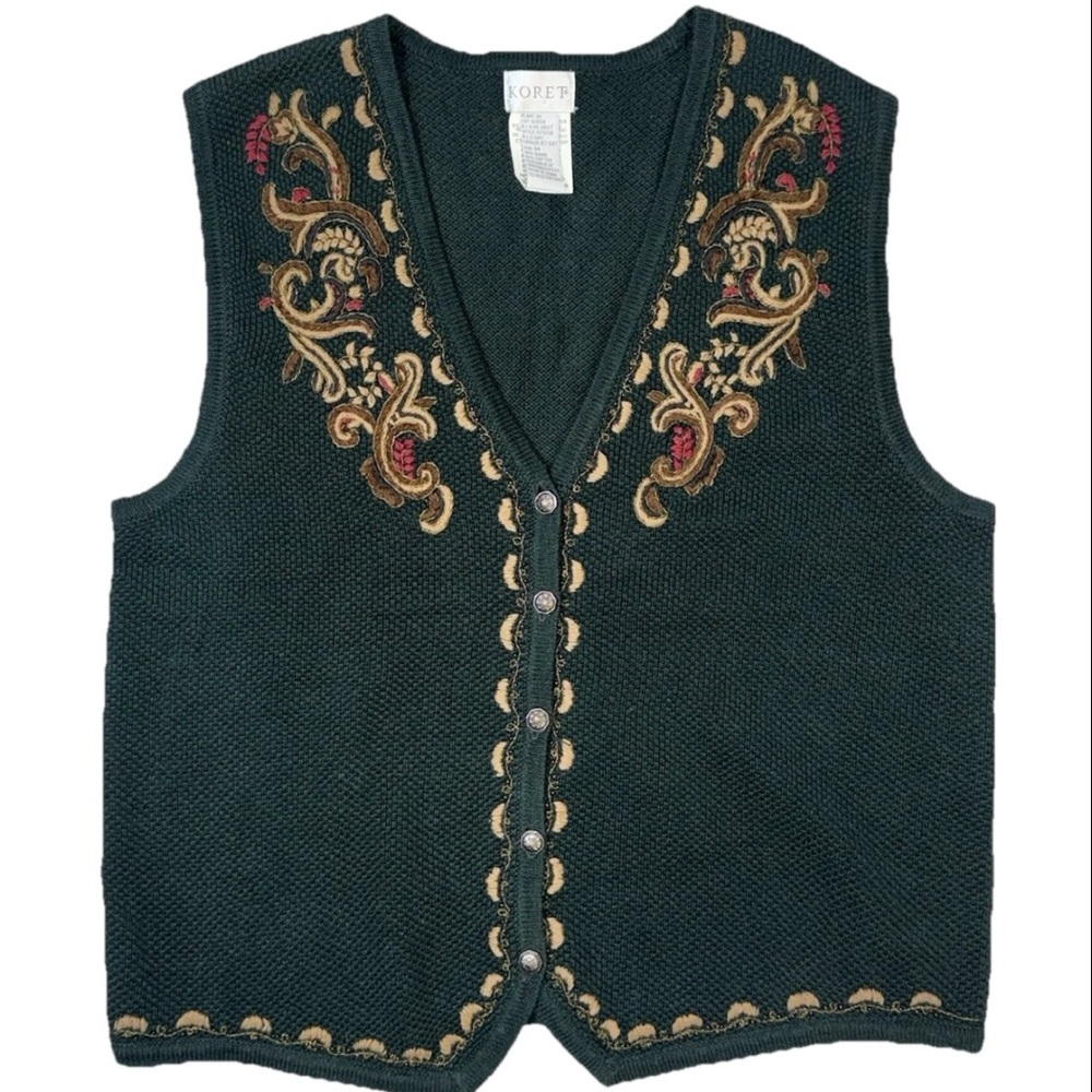 Vintage Koret Green Embroidered Knit Vest‎ Women’s Medium Cottagecore